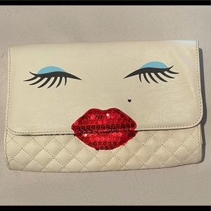 Betsy Johnson lips & eyes white clutch handbag NEW